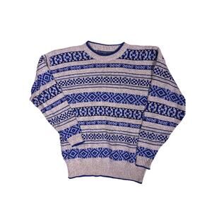 Vintage Y2K Blue Grey Cotton Sweater Womens M Heavy Warm Knit Retro